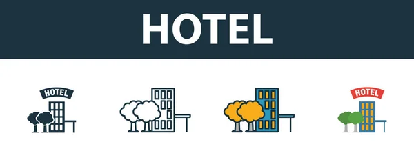 Hotel icon set. Patru simboluri simple în stiluri diferite de colecția de icoane turistice. Icoane hoteliere creative umplute, contur, simboluri colorate și plate — Vector de stoc