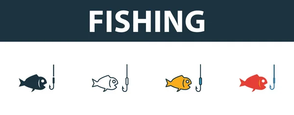 Fishing icon set. Four simple symbols in diferent styles from tourism icons collection. Creative fishing icons filled, outline, colored and flat symbols — Stock Vector