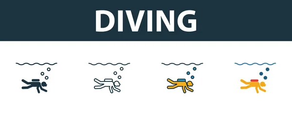 Diving icon set. Four simple symbols in diferent styles from tourism icons collection. Creative diving icons filled, outline, colored and flat symbols — 스톡 벡터