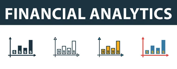 金融分析图标集。 与fintech技术图标集合不同风格的高级符号。 充满创意的财务分析图标、轮廓、彩色和扁平符号 — 图库矢量图片