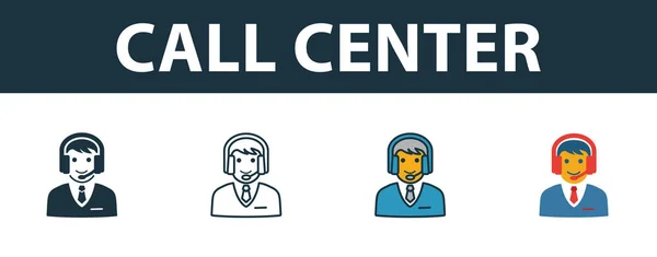 Call Center ikon készlet. Prémium szimbólum az ügyfélszolgálati ikongyűjtemény különböző stílusaiban. Creative call center ikon kitöltött, körvonalazott, színes és lapos szimbólumok — Stock Vector