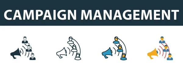 Campaign Management icon set. Premium symbol in diferent styles from crm icons collection. Creative campaign management icon filled, outline, colored and flat symbols — 스톡 벡터