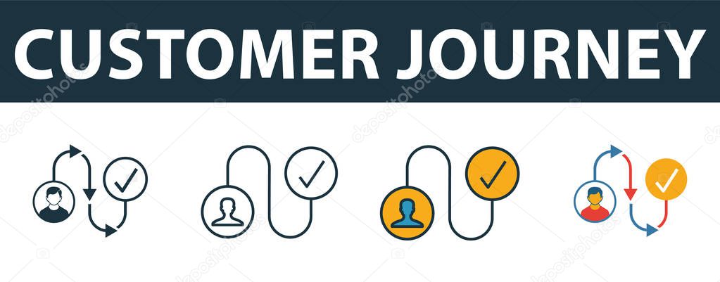 Customer Journey icon set. Premium simple element in diferent styles from crm icons collection. Set of customer journey icon in filled, outline, colored and flat symbols concept.