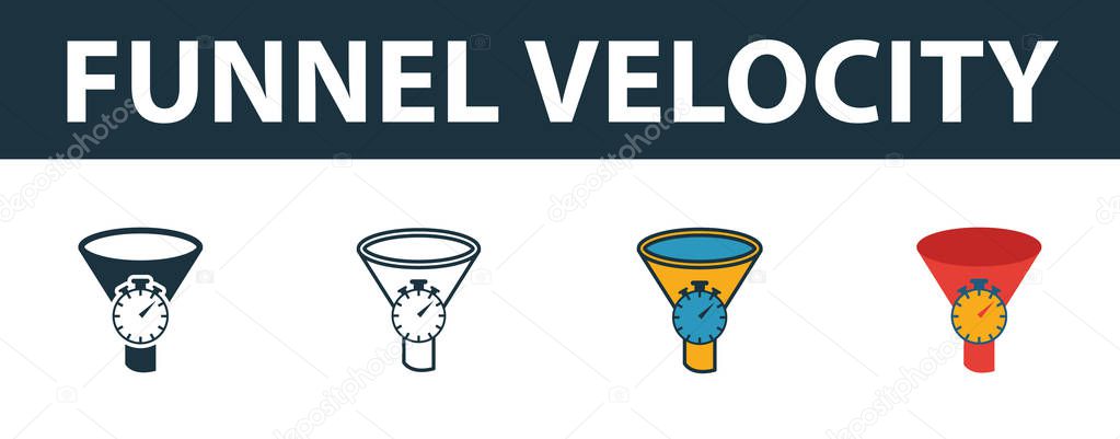 Funnel Velocity icon set. Premium simple element in diferent styles from crm icons collection. Set of funnel velocity icon in filled, outline, colored and flat symbols concept.