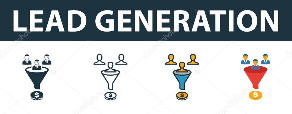 Lead Generation icon set. Premium simple element in diferent styles from crm icons collection. Set of lead generation icon in filled, outline, colored and flat symbols concept.