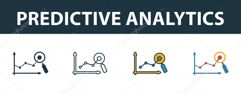 Predictive Analytics icon set. Premium simple element in diferent styles from crm icons collection. Set of predictive analytics icon in filled, outline, colored and flat symbols concept.