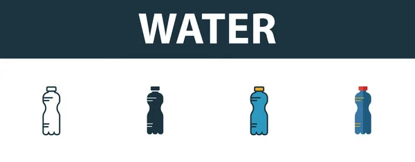 Juego de iconos de agua. Símbolo premium en diferentes estilos de la colección de iconos de fitness. Icono de agua creativa llena, contorno, símbolos de colores y planos — Vector de stock