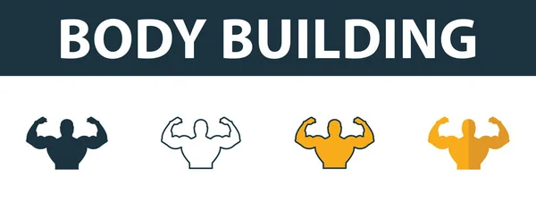 Ensemble d'icônes Body Building. Symbole Premium dans différents styles de la collection d'icônes de fitness. Icône de musculation créative remplie, contour, symboles colorés et plats — Image vectorielle