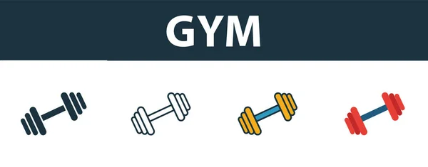 Conjunto de iconos de gimnasio. Símbolo premium en diferentes estilos de la colección de iconos de fitness. Icono creativo de gimnasio lleno, contorno, símbolos de colores y planos — Vector de stock