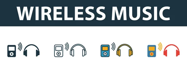 Wireless Music icon set. Premium symbol in different styles from fitness icons collection. Creative wireless music icon filled, outline, colored and flat symbols — Stok Vektör