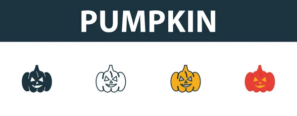 Conjunto de iconos de calabaza. Símbolo premium en diferentes estilos de la colección de iconos de Halloween. Icono de calabaza creativa llena, contorno, símbolos de colores y planos — Vector de stock