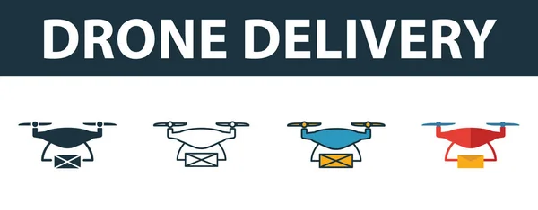 Drone Delivery ikon készlet. Prémium szimbólum az intelligens eszközök ikongyűjteményétől eltérő stílusban. Creative drone szállítási ikon kitöltött, körvonalazott, színes és lapos szimbólumok — Stock Vector