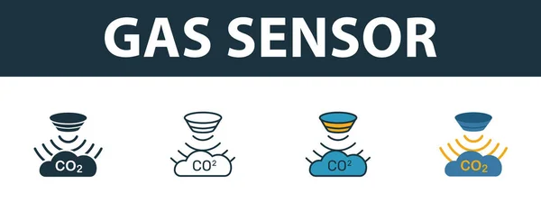 Conjunto de iconos del sensor de gas. Símbolo premium en diferentes estilos de la colección de iconos de sensores. Icono creativo del sensor de gas lleno, contorno, símbolos de colores y planos — Archivo Imágenes Vectoriales