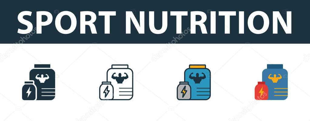 Sport Nutrition icon set. Premium simple element in different styles from fitness icons collection. Set of sport nutrition icon in filled, outline, colored and flat symbols concept.