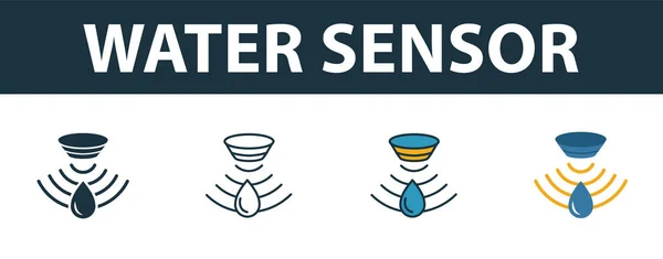 Conjunto de ícones do sensor de água. Símbolo premium em diferentes estilos da coleção de ícones de sensores. Ícone criativo do sensor de água preenchido, esboço, símbolos coloridos e planos —  Vetores de Stock