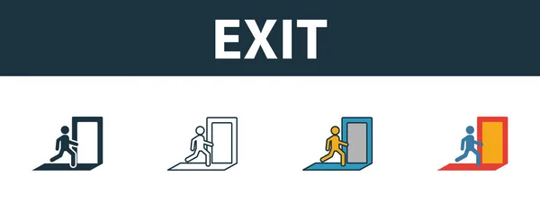 Exit-Symbol gesetzt. Premium-Symbol in verschiedenen Stilen aus der Brandschutzsymbolsammlung. Kreative Ausstiegssymbole gefüllt, Umrisse, farbige und flache Symbole — Stockvektor