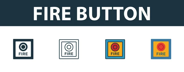 Ícone do botão de fogo definido. Símbolo premium em diferentes estilos de coleção de ícones de segurança contra incêndio. Ícone de botão de fogo criativo preenchido, esboço, símbolos coloridos e planos — Vetor de Stock