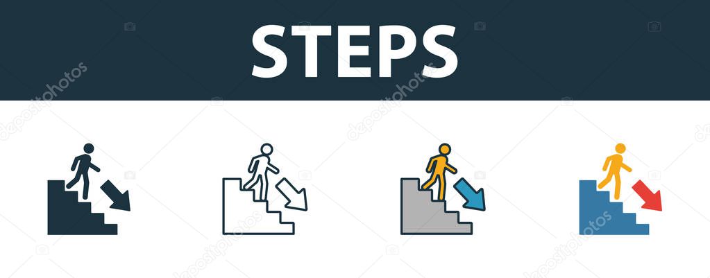 Steps icon set. Premium simple element in different styles from fire safety icons collection. Set of steps icon in filled, outline, colored and flat symbols concept.