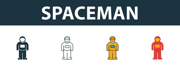 Setul de pictograme Spacemen. Patru simboluri simple în stiluri diferite de colecția de pictograme spațiale. Pictogramele spațiale creative umplute, conturate, simboluri colorate și plate — Vector de stoc