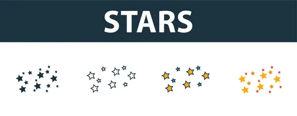 Conjunto de iconos Stars. Cuatro símbolos simples en estilos diferentes de la colección de iconos de espacio. iconos estrellas creativas rellenas, contorno, símbolos de colores y planos — Vector de stock