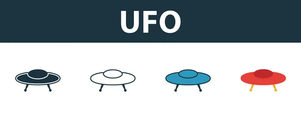 Set de pictograme Ufo. Patru simboluri simple în stiluri diferite de colecția de pictograme spațiale. Pictograme ufo creative umplute, contur, simboluri colorate și plate — Vector de stoc