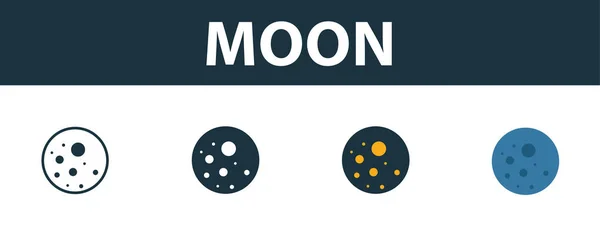 Luna pictograma set. Patru simboluri simple în stiluri diferite de colecția de pictograme spațiale. Icoane creative luna umplute, contur, simboluri colorate și plate — Vector de stoc