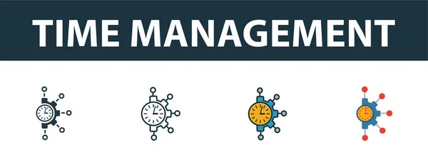 Ensemble d'icônes Gestion du temps. Symbole Premium dans différents styles de la collection d'icônes de productivité. Icône de gestion créative du temps remplie, contour, symboles colorés et plats — Image vectorielle