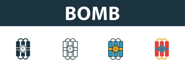 Bomba ikon készlet. Prémium szimbólum a biztonsági ikongyűjtemény különböző stílusaiban. Kreatív bomba ikon töltött, körvonalazott, színes és lapos szimbólumok — Stock Vector