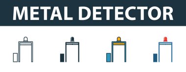 Metal dedektör simgesi ayarlandı. Güvenlik simgeleri koleksiyonundan farklı stillerde birinci sınıf sembol. Yaratıcı metal detektörü simgesi doldurulmuş, ana hatları çizilmiş, renkli ve düz semboller