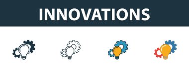 Yenilik simgesi seti. Başlangıçtaki simge koleksiyonundan farklı biçimlerde premimium sembolü. Yaratıcı yenilikler simgesi doldurulmuş, ana hatlar, renkli ve düz semboller