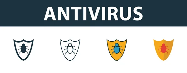 Ensemble d'icônes antivirus. Symbole Premium dans différents styles de la collection d'icônes de sécurité. Icône antivirus créative remplie, contour, symboles colorés et plats — Image vectorielle