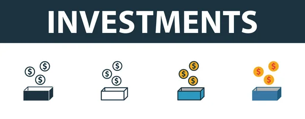 Investments icon set. Premium symbol in different styles from startup icons collection. Creative investments icon filled, outline, colored and flat symbols — ストックベクタ