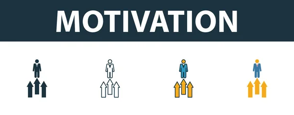 Motivasyon simgesi ayarlandı. Başlangıçtaki simge koleksiyonundan farklı biçimlerde premimium sembolü. Yaratıcı motivasyon simgesi doldurulmuş, ana hatlar, renkli ve düz semboller — Stok Vektör