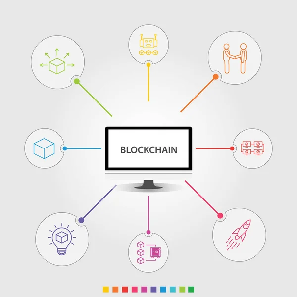 Blockchain Infographies conception vectorielle. Le concept de chronologie comprend les icônes bloc, distribution, preuve de mise. Peut être utilisé pour le rapport, la présentation, le diagramme, la conception Web — Image vectorielle