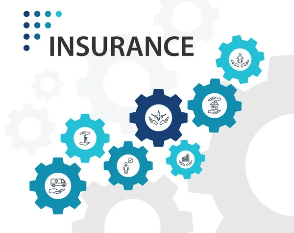 Försäkring Infographics vektor design. Tidslinjen begreppet inkluderar sjukförsäkring, olycksfallsförsäkring, reseförsäkring ikoner. Kan användas för rapport, presentation, diagram, webbdesign — Stock vektor