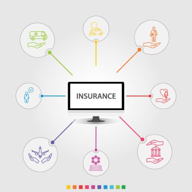 Sigorta Infographics vektör tasarımı. Zaman çizelgesi konsepti arasında sağlık sigortası, kaza sigortası, seyahat sigortası ikonları var. Rapor, sunum, diyagram, web tasarımı için kullanılabilir