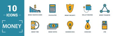 Para simgesi ayarlandı. Yaratıcı unsurlar para notları, madeni paralar, para grafikleri, cüzdan harcamaları, para zaman simgeleri dahil. Rapor, sunum, diyagram, web tasarımı için kullanılabilir