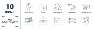 Web Geliştirme simgesi seti. Yaratıcı unsurları içerir anahtar arama, seo, bulut depolama, bulut yönetimi, ağ bağlantı simgeleri. Rapor, sunum, diyagram, web tasarımı için kullanılabilir