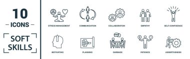 Soft Skills simgesi seti. Yaratıcı unsurları içerir takım ruhu, kişilik, kendini tanıtma, motivasyon, müzakere ikonları. Rapor, sunum, diyagram, web tasarımı için kullanılabilir