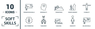Soft Skills simgesi seti. Yaratıcı unsurları içerir takım ruhu, kişilik, kendini tanıtma, motivasyon, müzakere ikonları. Rapor, sunum, diyagram, web tasarımı için kullanılabilir
