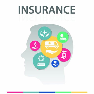 Sigorta Infographics vektör tasarımı. Zaman çizelgesi konsepti arasında sağlık sigortası, kaza sigortası, seyahat sigortası ikonları var. Rapor, sunum, diyagram, web tasarımı için kullanılabilir