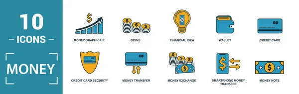 돈의 아이콘 세트. 창조 요소의 화폐, 동전, 화폐 그래픽, 지갑 충전, 금전 시간 아이콘을 포함합니다. 보고서, 프레젠테이션, 다이어그램, 웹 디자인에 사용 할 수있습니다. — 스톡 벡터