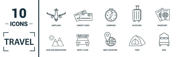 Set ikon perjalanan. Termasuk kompas kreatif elemen, pesawat terbang, taksi, kartu kredit, matahari dan gunung ikon. Dapat digunakan untuk laporan, presentasi, diagram, desain web - Stok Vektor