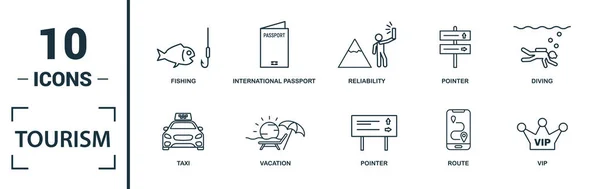Набор значков туризма. Включите креативные элементы визы, заграничный паспорт, фотографирование, экспонат, значки такси. Может использоваться для отчетов, презентаций, презентаций, веб-дизайна — стоковый вектор