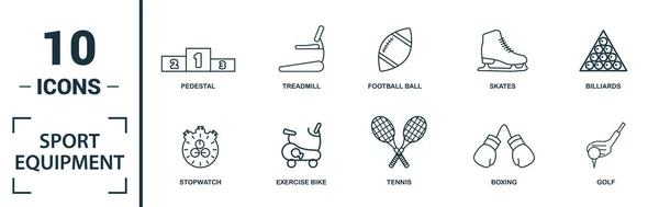Zestaw ikon sprzętu sportowego. Zawierają elementy kreatywne hantle, piłka nożna, baseball, hokej, ikony rowerów treningowych. Może być stosowany do raportu, prezentacji, diagramu, projektowania stron internetowych — Wektor stockowy