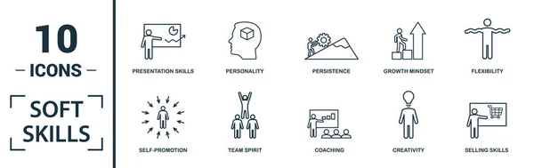 Soft Skills simgesi seti. Yaratıcı unsurları içerir takım ruhu, kişilik, kendini tanıtma, motivasyon, müzakere ikonları. Rapor, sunum, diyagram, web tasarımı için kullanılabilir