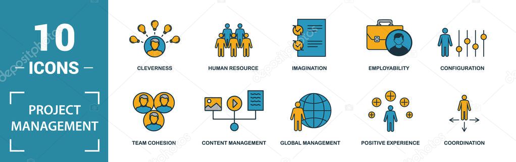 Project Management icon set. Include creative elements goal seeking, virtual team, budget, global management, team cohesion icons. Can be used for report, presentation, diagram, web design