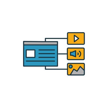 Dijital İçerik simgesi seti. İçerik simgeleri koleksiyonundan farklı stillerde dört element. Yaratıcı dijital içerik simgeleri doldurulmuş, ana hatlar, renkli ve düz semboller