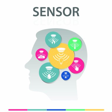 Sensör Bilgisel vektör tasarımı. Zaman çizelgesi konsepti, alev dedektörü, gaz sensörü, ışık sensörü simgeleri. Rapor, sunum, diyagram, web tasarımı için kullanılabilir