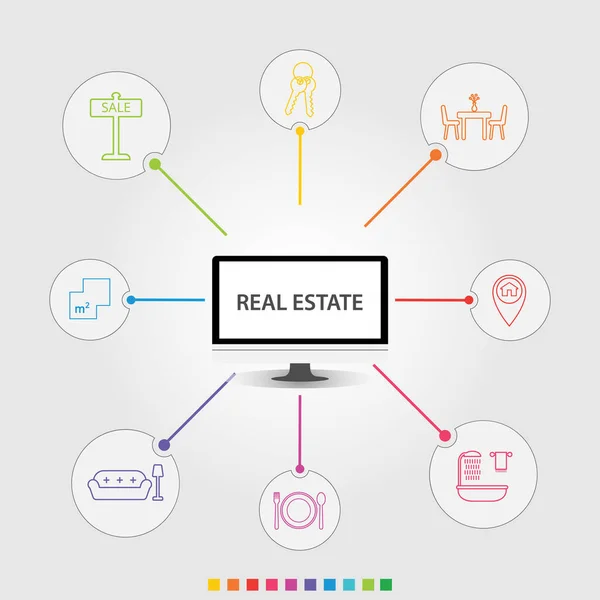Real Estate Infographics vector ontwerp. Tijdlijn concept omvat te koop, sleutels, vierkante meter pictogrammen. Kan gebruikt worden voor rapport, presentatie, diagram, webdesign — Stockvector
